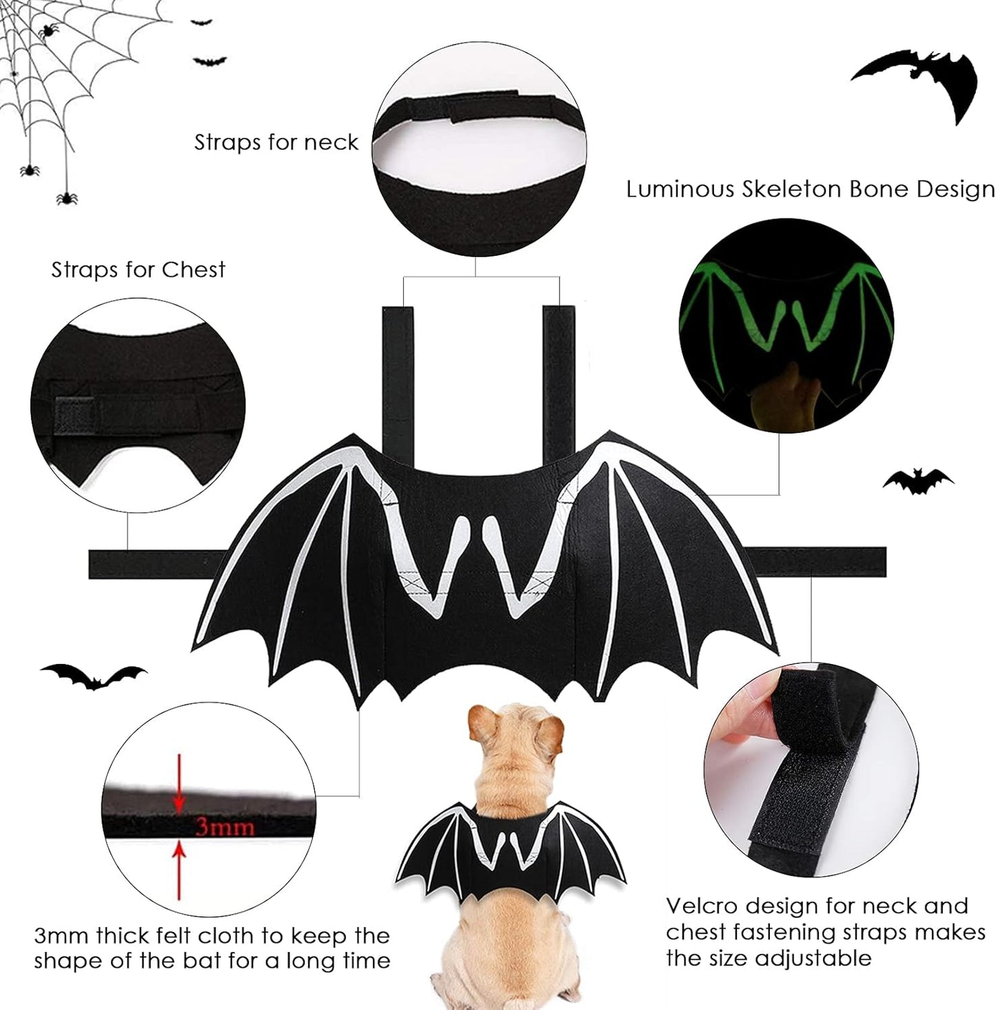 Dog Halloween Costumes, Cool Luminous Skeleton Bone Bat Wings Cosplay Cat Pets Costumes Dress up Apparel Accessories for Kitten Puppies