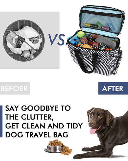 Dog Travel Bag, Weekend Pet Travel Set for Dog and Cat, Airline Approved Tote Organizer with Multi-Function Pockets-Polka Dots